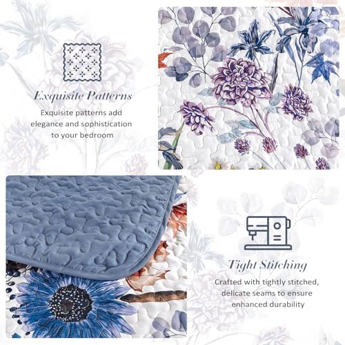 Yiran Blue Floral Queen Quilt Set 3-Piece