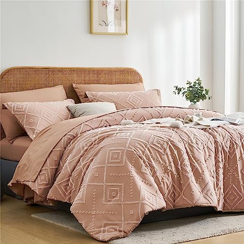 KAKKI Blush Pink Tufted Queen Comforter Set 7 Piece
