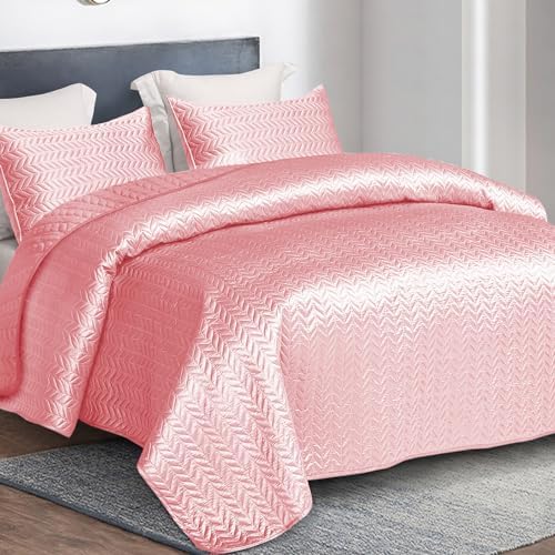 Whale Flotilla Silky Soft Satin Quilt Set Queen Size Pink