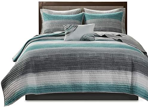 Madison Park Essentials Saben Reversible Quilt Set - Geometric Stripes Aqua 8 Piece