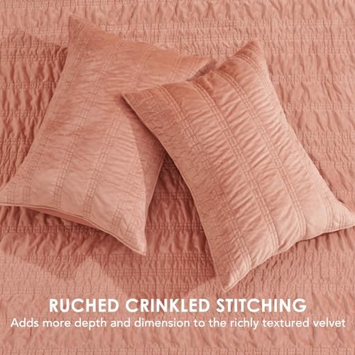 EVERGRACE Velvet Quilt Set Queen Size Pink Clay