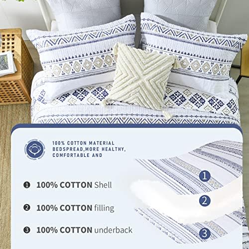 Finlonte Boho Quilt Set Queen Size 3 PCS White Navy Striped