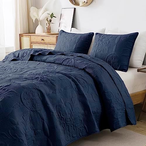 B2EVER Navy Blue Damask Quilt Queen Set with 2 Pillow Shams