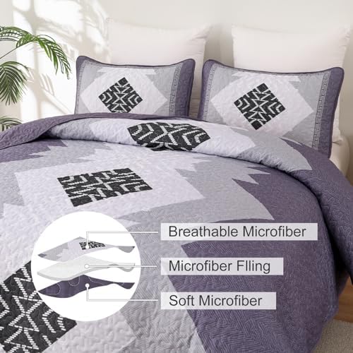 Dintszyayue Boho Quilt Set Queen 3 Pieces Purple Aztec
