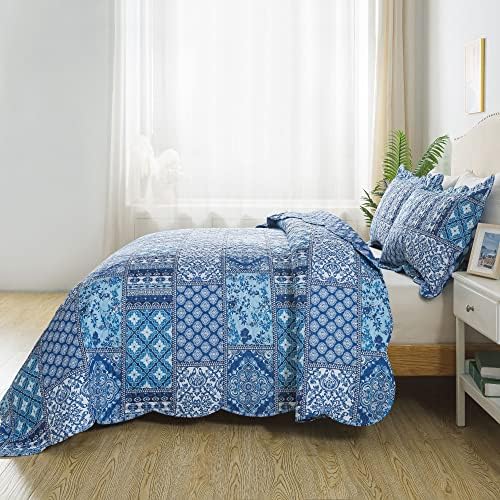 HoneiLife King Quilt Set - 3 Piece Blue Floral Bedding