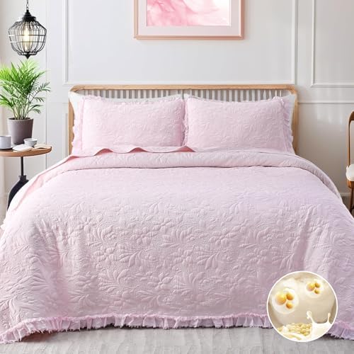 Uspring Pink Ruffled Floral Queen Comforter Set 3 Piece