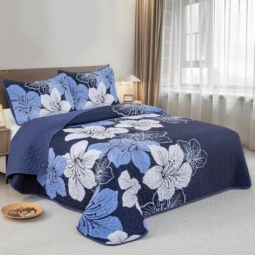 DJY 3 Piece Quilt Set California King Navy Blue Floral Pattern