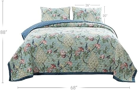 Benjara Eden Twin XL Quilt Set Peacock and Songbirds Microfiber Green and Blue
