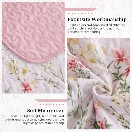 Anibedding King Size Quilt Set with Pink Floral Pattern 1