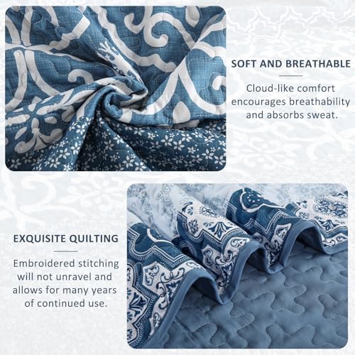 DJY Boho Quilt Set Queen Size 3 Pieces Navy Blue