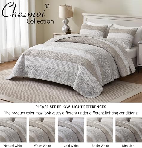Chezmoi Collection Robyn Quilt Set - 2-Piece Neutral Taupe Gray White