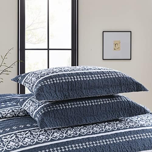 Qiqiong Queen Quilt Set Navy Blue White Striped