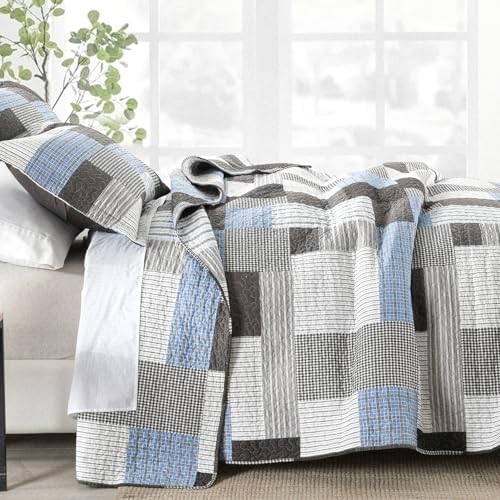 SahSahCasa King Size Quilt Set 3Pcs Taupe Blue White