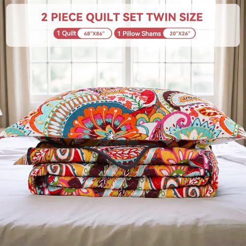 Qucover Cotton Twin Quilt Set with Paisley Pattern