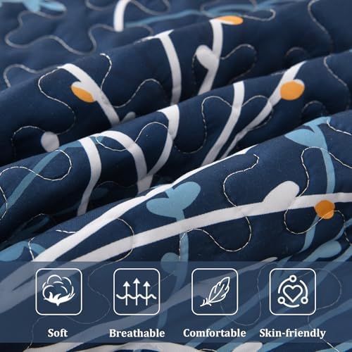 Navy Queen Quilt Set with Reversible Floral Design