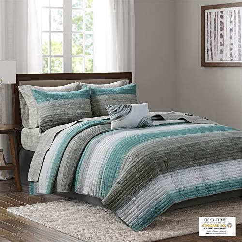 Madison Park Essentials Saben Reversible Quilt Set - Geometric Stripes Aqua 8 Piece