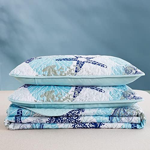 Dinjoy Coastal Quilt Set Queen Size Blue Ocean Theme
