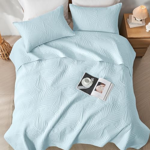 OARAGE Aqua Blue Twin Quilt Set with Leaf Pattern