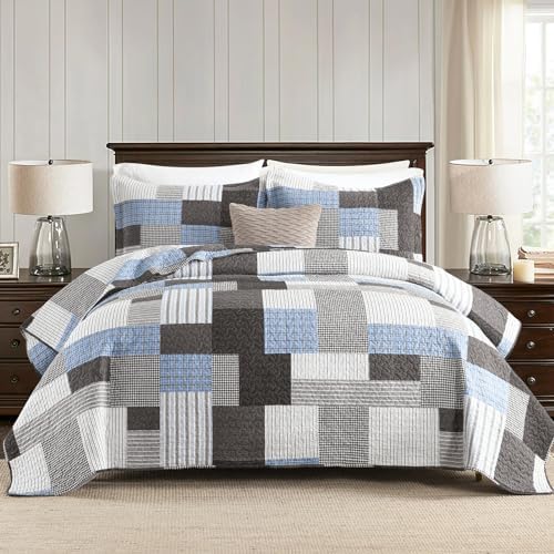 SahSahCasa King Size Quilt Set 3Pcs Taupe Blue White