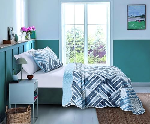 Brilliant Sunshine Blue Grey Stripe Quilt Set Twin 2-Piece with Sham