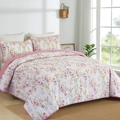 Anibedding King Size Quilt Set with Pink Floral Pattern 1