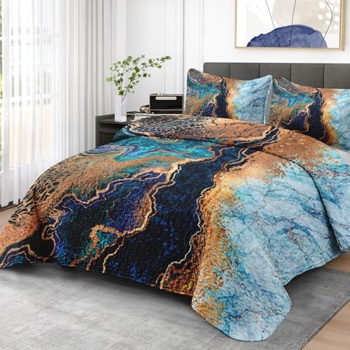 Pamnest Quilt Set Twin Size Blue Gold Marble 2 Pcs 1