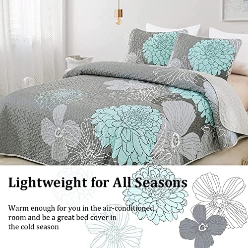 Yiran Grey Aqua Floral Queen Quilt Set 3pcs