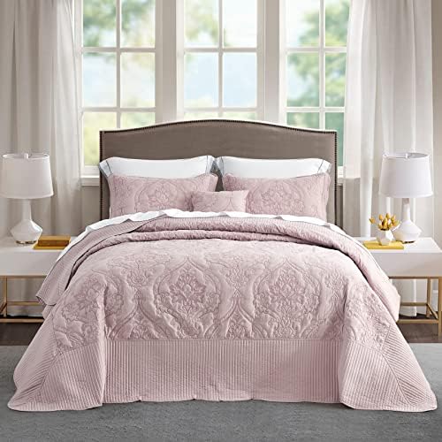 CHIXIN Oversized King Bedspread Set - Damask Paisley Pattern 4 Piece Reversible