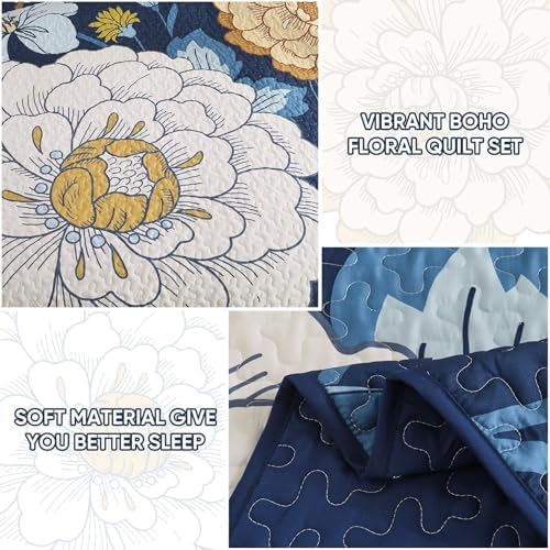 DJY Navy Floral Quilt Set 3 Piece Boho