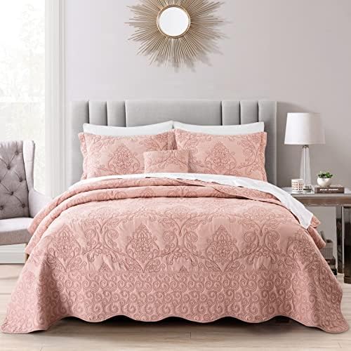 BYTIDE Quilt Bedspread 4 Piece Set Dusty Pink Damask 1