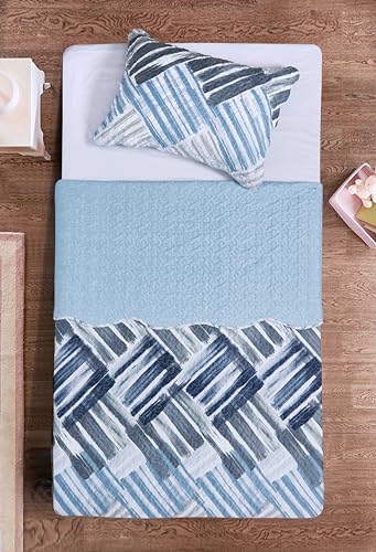 Brilliant Sunshine Blue Grey Stripe Quilt Set Twin 2-Piece with Sham