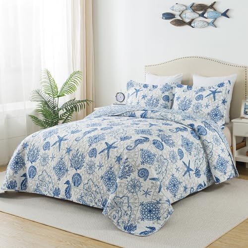 HoneiLife Coastal Quilt Set King - 3 Piece Ocean Themed Bedding