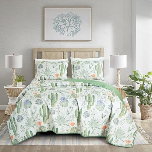 Chezmoi Gregory 2-Piece Quilt Set - Green Blue Cactus Print