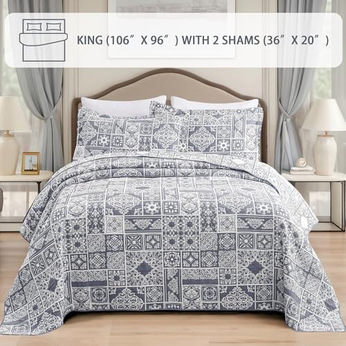 Asuexpect 3 Piece Grey Blue Patchwork Quilt Set King Size