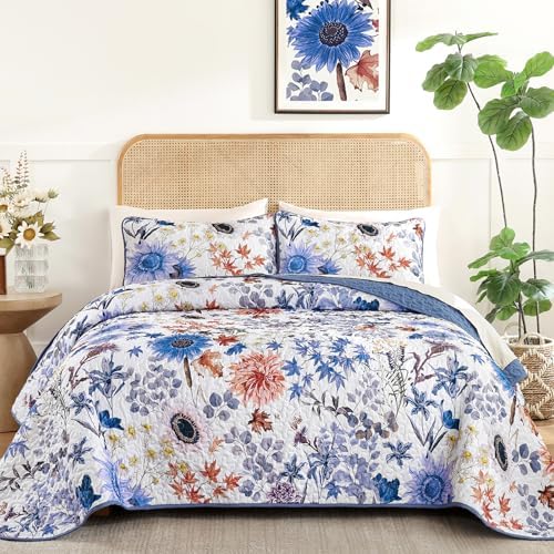Yiran Blue Floral Queen Quilt Set 3-Piece