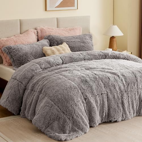 Intelligent Design Shaggy Comforter Set Faux Fur Down Alternative Grey 3 Piece