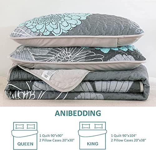 Yiran Grey Aqua Floral Queen Quilt Set 3pcs