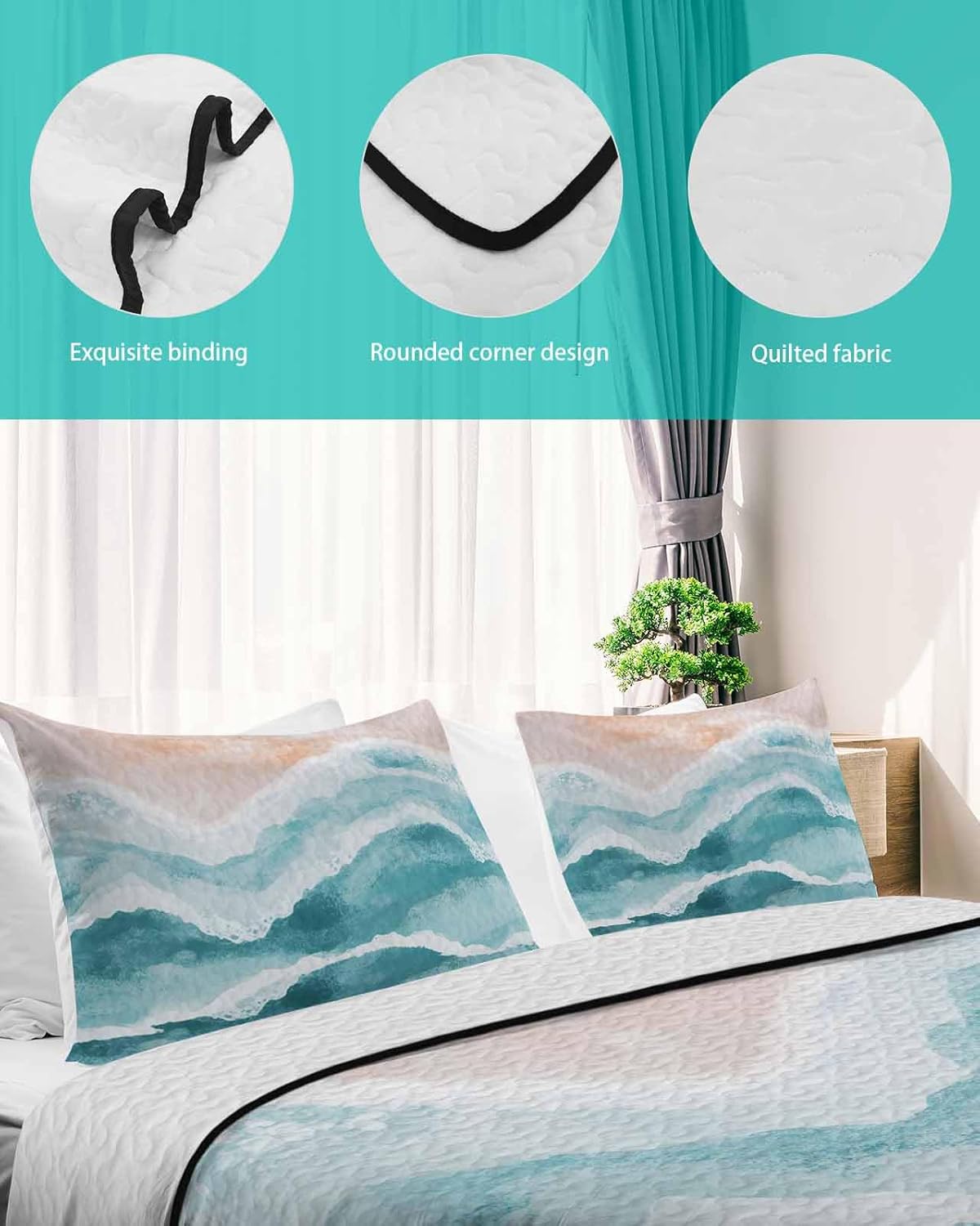 Teal Green Coastal Quilt Set Twin XL with Pillow Covers
