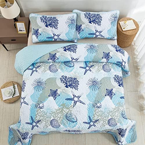 Dinjoy Coastal Quilt Set Queen Size Blue Ocean Theme