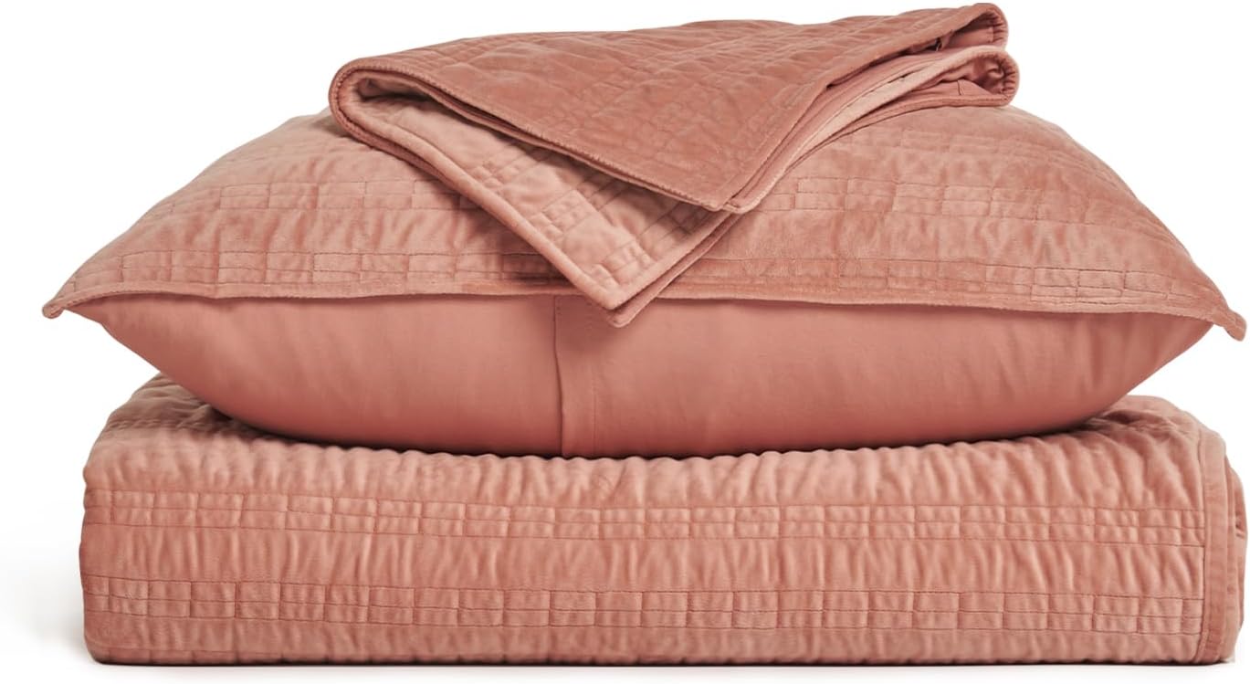 EVERGRACE Velvet Quilt Set Queen Size Pink Clay