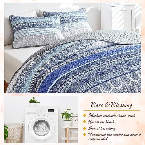 3 Piece Bohemian Quilt Set King Size Blue Grey Striped