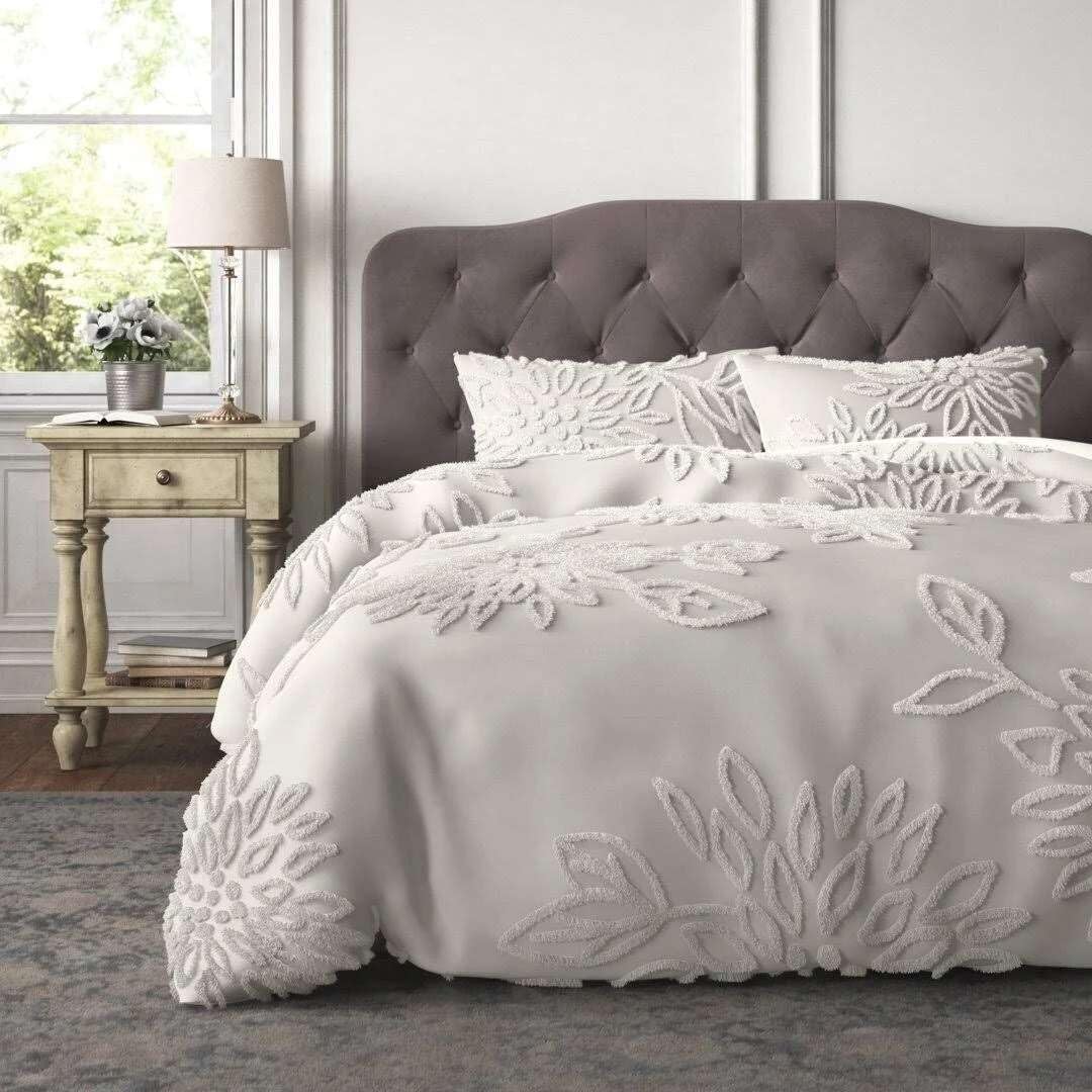 5 Piece Boho Tufted Duvet Cover Set - Ivory Leaf 1