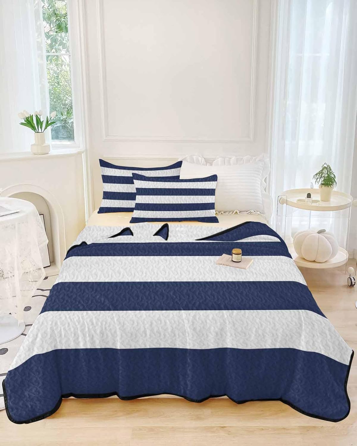 Chees D Zone Twin XL Quilt Set Navy Blue Nautical Stripes