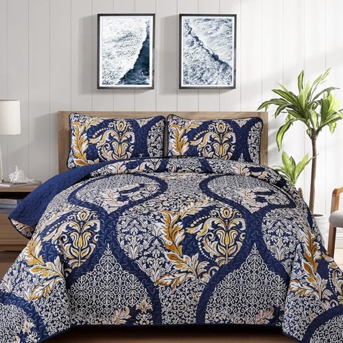 Navy Damask Quilt Set King 3Pcs Microfiber