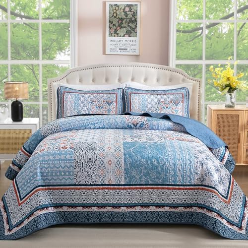 WONGS BEDDING Blue Boho Quilt Set King Size 3 Pieces