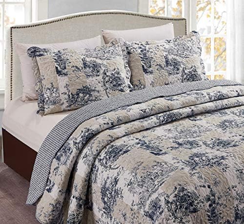 Brilliant Sunshine Blue Toile Quilt Set with 2 Shams