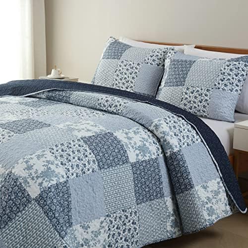 Boryard 3-Piece Queen Quilt Set Navy Blue Plaid Print