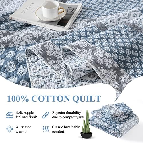 DDUOXIN Floral Quilt Set - Reversible Cotton King Quilt with 2 Pillow Shams
