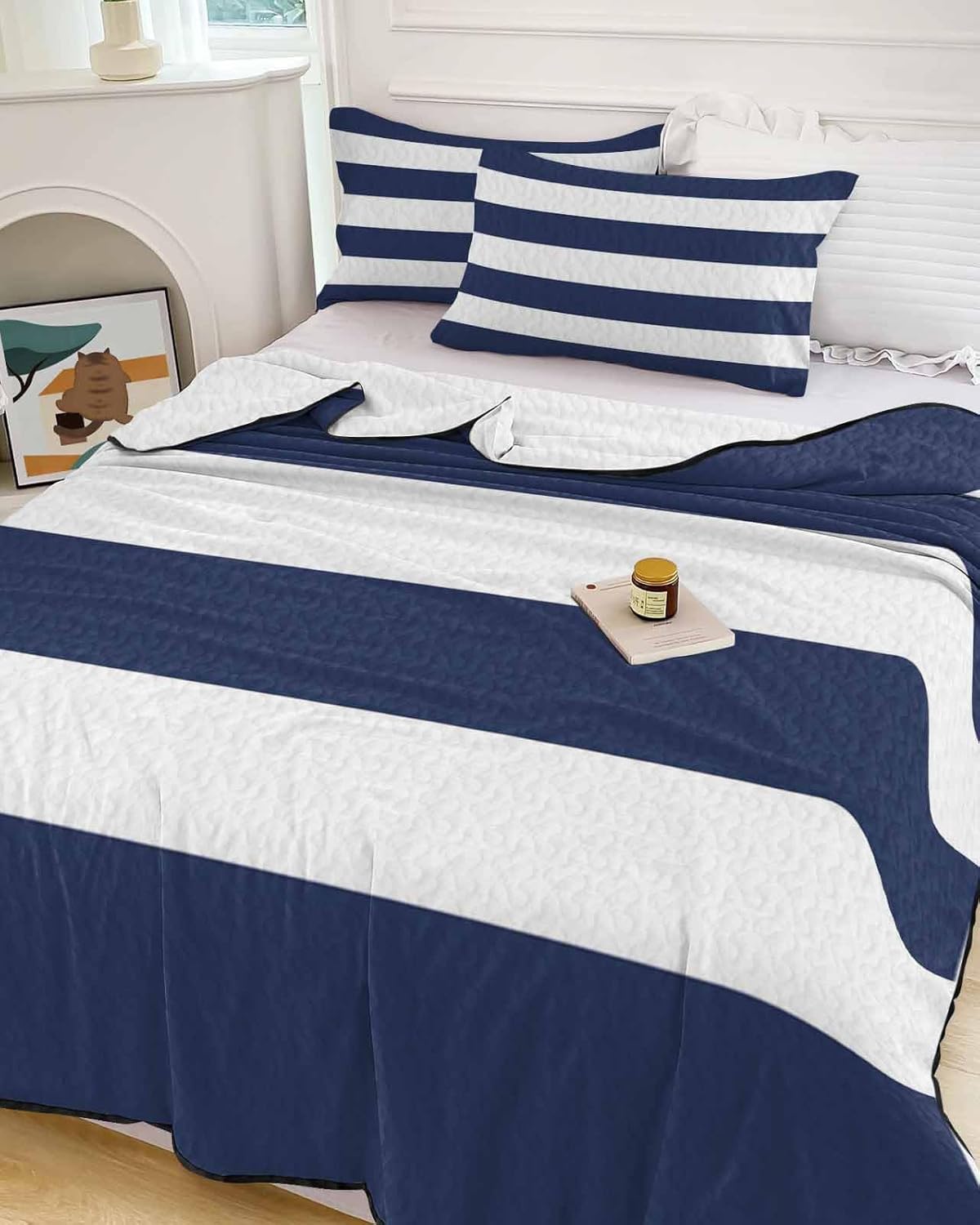 Chees D Zone Twin XL Quilt Set Navy Blue Nautical Stripes