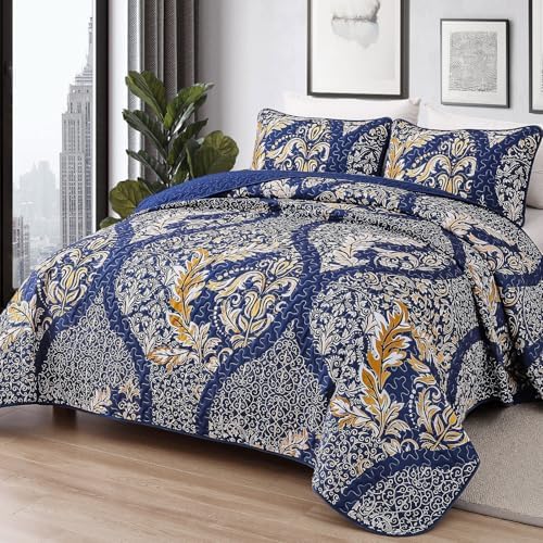 Navy Damask Quilt Set King 3Pcs Microfiber